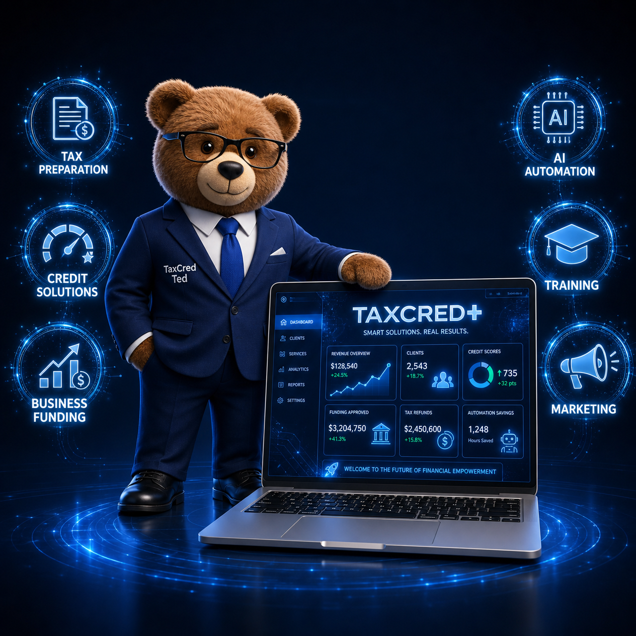 TaxCred Ted with the TaxCred Plus laptop and ecosystem